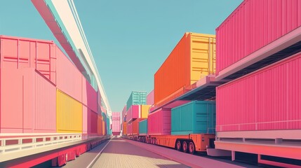 Obraz premium Logistics network flat design side view global supply chain theme 3D render Complementary Color Scheme.