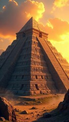 Ancient stone pyramid with intricate carvings depicting powerful, mythical gods, bathed in the golden light of sunset A scene of ancient power and mystery , civilization, divine, history