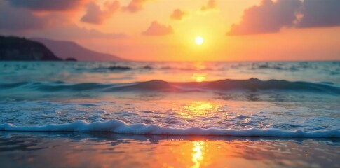 Obraz premium Close-up of a serene beach scene at sunset, gentle waves lapping the shore, creating a calming atmosphere perfect for relaxation and meditation , quiet, restorative, landscape