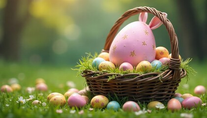 A ridiculously oversized Easter egg hidden in a giant basket overflowing with smaller eggs , giant, giggle, hidden