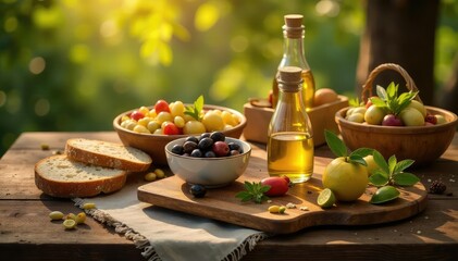 A rustic wooden table laden with an abundance of olives, olive oil, crusty bread, and various Mediterranean accompaniments, bathed in warm, inviting sunlight , herbs, antipasto