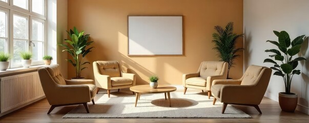A serene and neutral mediation room, ideal for conflict resolution, featuring comfortable seating and calming decor Perfect for promoting peace and understanding , calming, discussion
