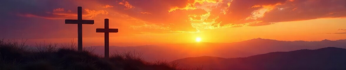 A serene landscape depicting a wooden cross silhouetted against a vibrant sunset, symbolizing faith, hope, and the divine , redemption, ascension