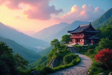 A serene landscape featuring a traditional Eastern-style building nestled amongst lush greenery and rolling hills under a vibrant sky , spirituality, tranquil