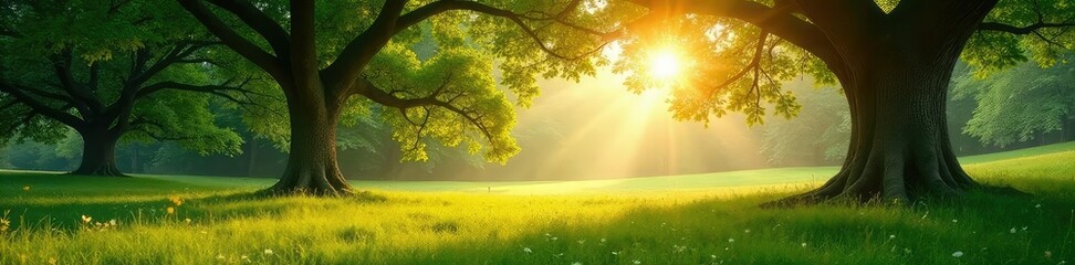 A serene, sunlit meadow encircled by ancient trees, symbolizing protection and spiritual harmony Perfect for concepts of peace, nature, and sacred spaces , peaceful, harmony, haven