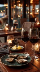 Fototapeta premium Romantic evening dining with oysters and wine at cozy restaurant