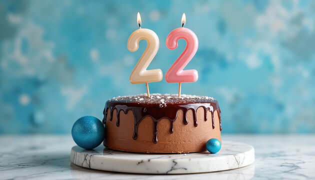A delicious chocolate cake topped with candles representing the 22nd birthday stands proudly on a marble platter against a vibrant blue background