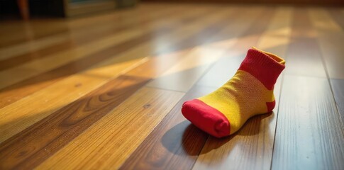 A single, brightly colored sock lies abandoned on a hardwood floor, suggesting a playful or carefree spirit , texture, bright, carefree