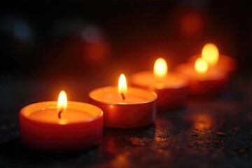 Close-up of several lit candles, flickering flames casting warm, inviting light on a dark background  Perfect for relaxation, meditation, spirituality, or holiday themes , candle,  romantic