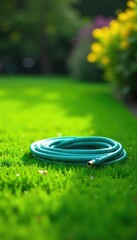 A single garden hose coiled neatly on a lush green lawn, ready for watering Sunlight illuminates the vibrant green of the grass and the hose's bright color , single hose, water, garden hose