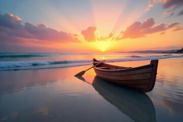 A small wooden rowboat gently rests on a calm, sandy beach at sunset, tranquil scene reflecting peaceful serenity The tide is out, leaving the boat high and dry , sky, vacation