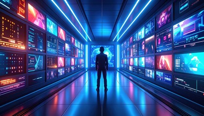 A person stands in a sleek office space surrounded by vibrant AI driven screens and data.