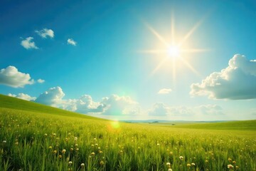 A single sun shines brightly in a clear summer sky, casting warm light on a tranquil landscape Perfect for summer themes, travel brochures, or weather-related projects , backdrop, adventure, warm