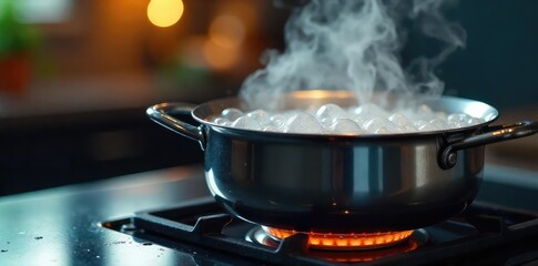 A steaming pot of water furiously boils on a stovetop, bubbles bursting on the surface Perfect for culinary, heat, kitchen, and cooking concepts , steam, hot water, saucepan