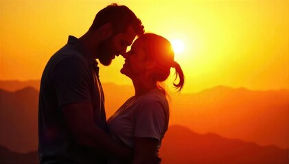 A tender embrace, bodies entwined, conveying comfort, love, and serenity Silhouetted against a soft, golden sunset, capturing the essence of a deeply felt connection , sunset, passion