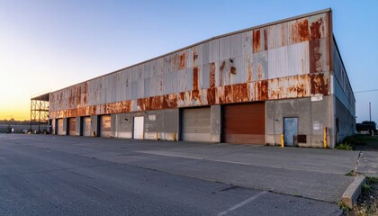 Rustic Loading Dock at Dawn with Cold Rusty Storage Structure
