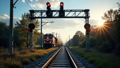 A train crossing a railroad intersection with warning lights flashing , railroad, transportation