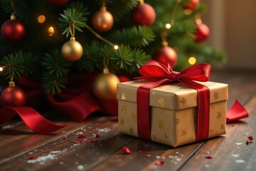 A beautifully wrapped Christmas gift sits under a decorated Christmas tree Red ribbon, gold accents , pine, festive gift