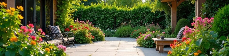 A vibrant and lush patio garden overflowing with colorful flowers and thriving greenery, creating a tranquil outdoor oasis Perfect for relaxation and entertaining , garden design, tranquil, serene