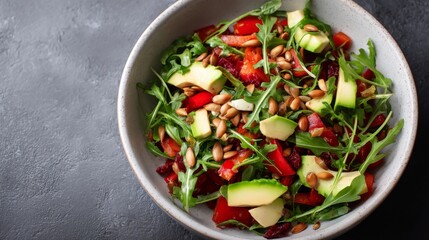 A fresh arugula salad with avocado, red bell peppers, and sunflower seeds in a rustic bowl—perfect for healthy dining