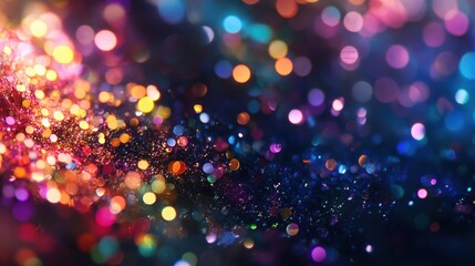 Multicolor bokeh over a dark background, vivid hues, sharp light points blending into soft blurs.