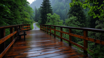 Obraz premium Misty Autumn Forest Road with Wooden Deck and Chairs