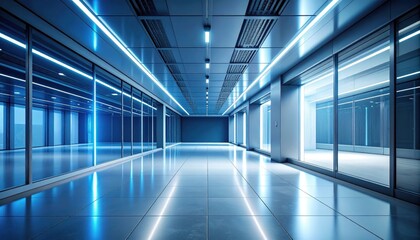 A roomy office boasts shiny surfaces and bright, modern lighting in an innovative design.