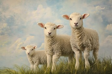 Obraz premium • Fluffy lambs grazing on spring grass, soft sky backdrop 