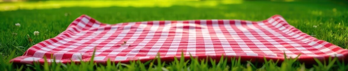 A vibrant red and white checkered picnic blanket laid out on lush green grass, ready for a relaxing outdoor meal Perfect for summer, family, and outdoor adventures , spread, idyllic