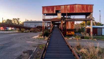 Fototapeta premium Rusty Conveyor Belt Distribution Center at Dawn Without People
