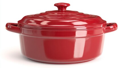 A red pot with a red lid sits on a white background