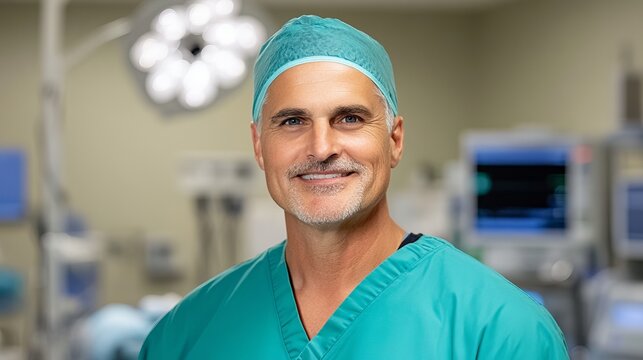 Smiling Surgeon in Green Scrubs Stands Confidently in Operating Room with Medical Equipment and Surgical Lighting.