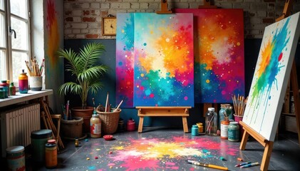 A vibrant studio filled with colorful paints, brushes, and canvases, ready for artistic creation The scene is alive with creative energy and potential , acrylic, vibrant