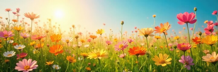 A vibrant sunlit field of wildflowers swaying gently in the breeze, radiating joy and serenity Perfect for concepts of peace, contentment, and well-being , contentment, pastoral