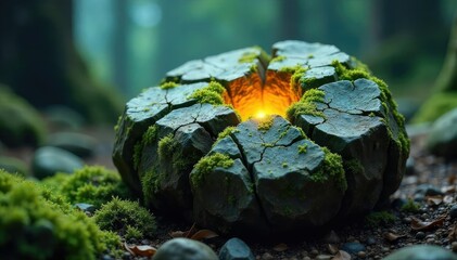 A weathered, moss-covered stone, imbued with an ancient, monstrous energy; cracks reveal glowing inner light Perfect for fantasy, horror, or mystical themes , elemental stone, cursed stone