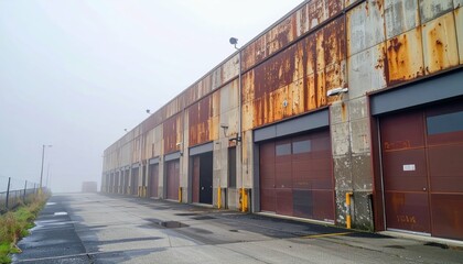 Fototapeta premium Rusty Fulfillment Center with Security Cameras in Foggy Atmosphere