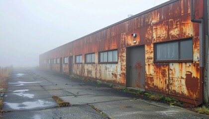 Rusty Abandoned Building with Security Cameras in Foggy Atmosphere