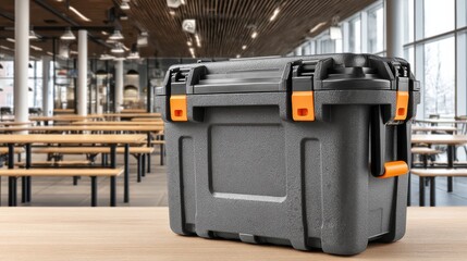 Durable Plastic Storage Container on Wooden Table in Cafeteria Setting