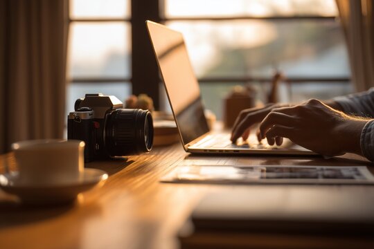 Digital Nomad's Workspace:  A close-up view of a working photographer's workspace in the soft glow of golden hour,  Their fingers are typing on a laptop with a camera, notebook.