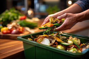 Hands sorting vegetable scraps into green bin for composting, surrounded by fresh produce on wooden kitchen counter. scene emphasizes sustainability and eco friendly practices