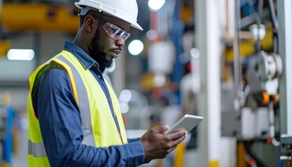Engineer in Safety Vest Using Tablet Inside Industrial Plant With Machinery