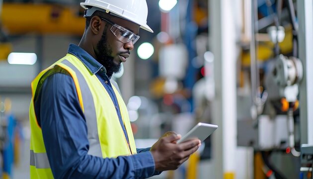 Engineer in Safety Vest Using Tablet Inside Industrial Plant With Machinery