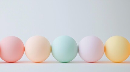 Row of five spherical objects arranged in a line on a plain white background. the objects are of different colors - one is pink, one is light blue, another is light green, and one is yellow.