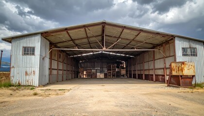 Rustic Grain Silo Interior with Pallet Racking Under Stormy Sky