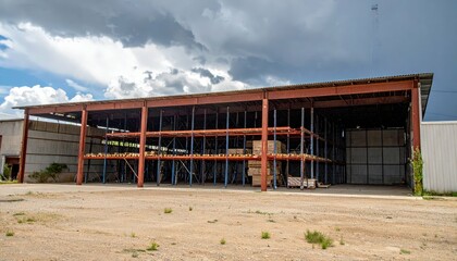 Rusty Grain Silo Interior with Pallet Racking Under Stormy Sky