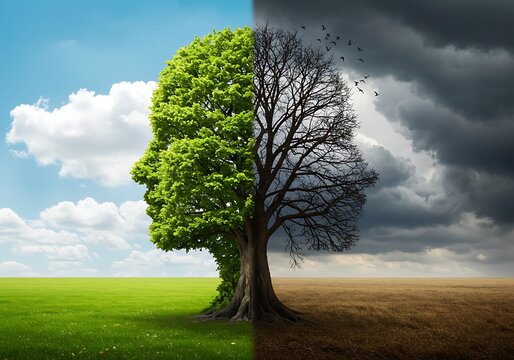 Tree shaped like a head showing two sides flourishing and barren landscape