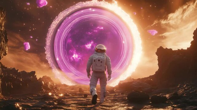 A lone astronaut walking up to a cosmos in outer space