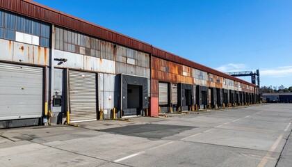 Fototapeta premium Rusty Logistics Hub with Packing Stations Under Harsh Midday Sun
