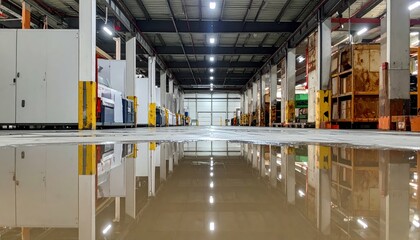 Rusty Logistics Hub with Reflective Floor and Empty Packing Stations