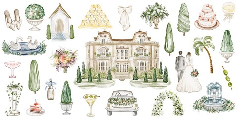 Collection of romantic wedding watercolor elements. Set of villa, champagne, swans, candles, and elegant decorations. Hand drawn clipart for invitations, ceremony designs, and festive celebrations.